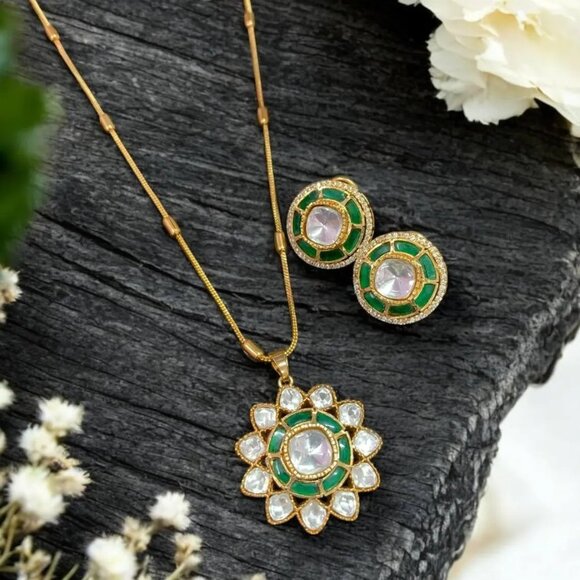 Elegant Golden Polish Moissanite Polki Pendant Necklace & Earring Set - Picture 2 of 2